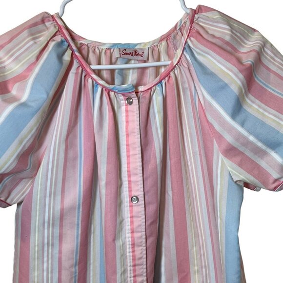 Vintage Smart Time Striped Short Sleeve Button Front House Dress With Embroidere - Picture 3 of 6